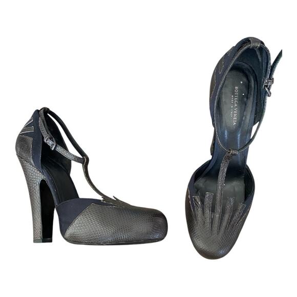 Bottega Veneta Brown Leather T-Strap Cut Out Heels Pumps Black Satin size 39 9 - Picture 1 of 16